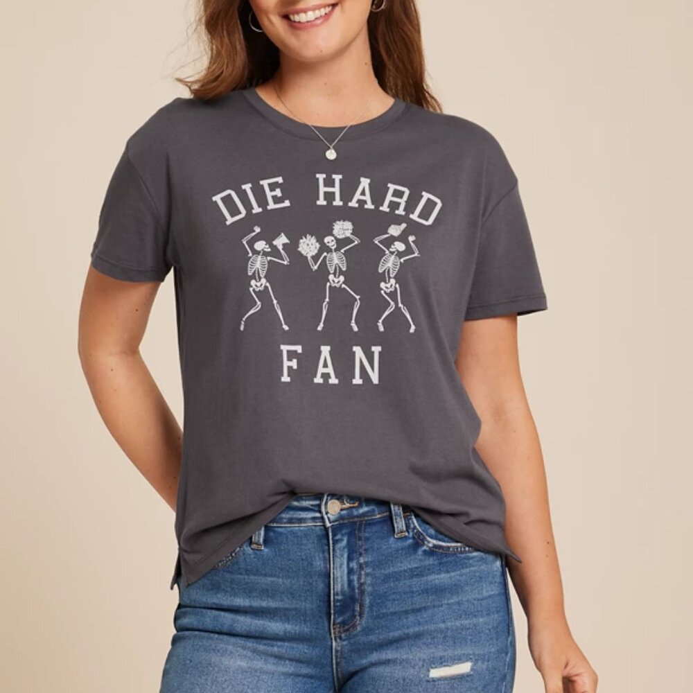 Tee 1X Grey Cheerleader Skeletons "Die Hard Fan" Halloween Top T-Shirt Crew New
